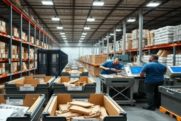 Illustration de la gestion des retours dans le commerce international : processus de traitement, de logistique et de gestion des retours de produits.