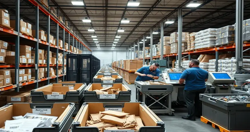 Illustration de la gestion des retours dans le commerce international : processus de traitement, de logistique et de gestion des retours de produits.